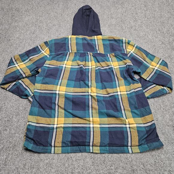 Eddie Bauer Plaid Flannel Hoodie Shirt M Womens Blue Green Yellow Cotton Casual - Picture 5 of 16